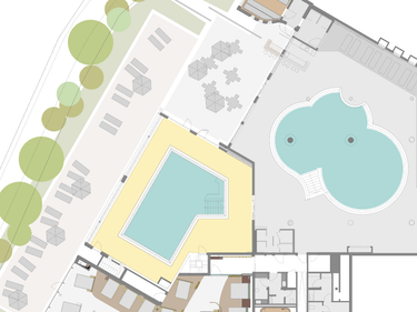 Grundriss eines Wellness-Außenbereichs mit zwei Pools, Terrasse, Liegen und Bäumen.