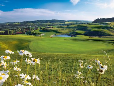 Golfplatz mit Grün, Teich und blühenden Margeriten in einer hügeligen Landschaft.