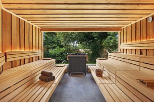 Innenansicht einer Holzsauna mit Sitzbänken, Saunaofen und offenem Blick in den Garten.