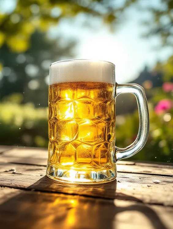 Bier im Maßkrug auf einem Holztisch im Sommer