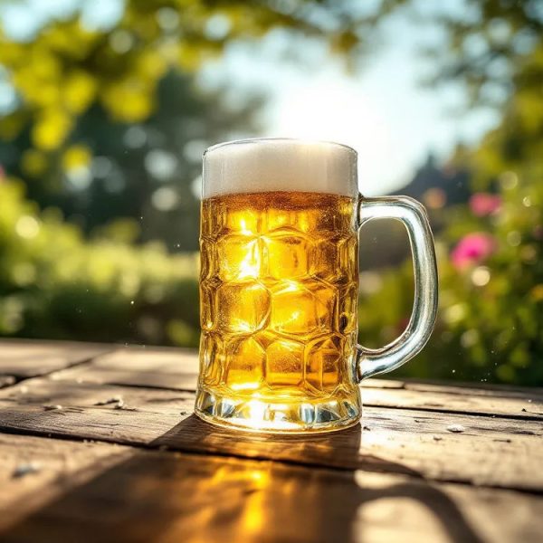 Bier im Maßkrug auf einem Holztisch im Sommer