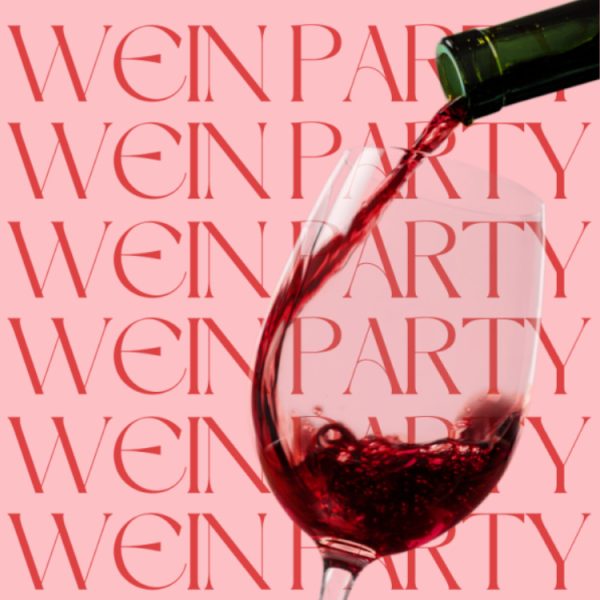 Rotwein wird vor dem sich wiederholenden Schriftzug "Weinparty" in ein Glas gegossen